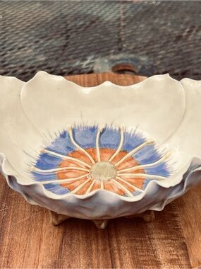Austrian Ceramic Flower Bowl in White with Blue and Orange Accent